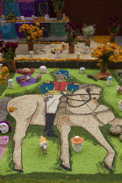 Image of Ignacio Allende, a revolutionary hero, part of decorations for the Day of the Dead festival, Plaza Principal, San Miguel de Allende, Guanajuato, Mexico
