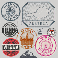 Travel stamps or adventure symbols set, Austria and Vienna