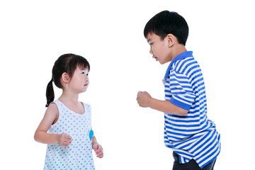 Quarreling conflict between the brother and sister. Isolated on white background.