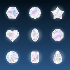 Set of colorful vector jewels gemstones and crystals with glowing on dark background.