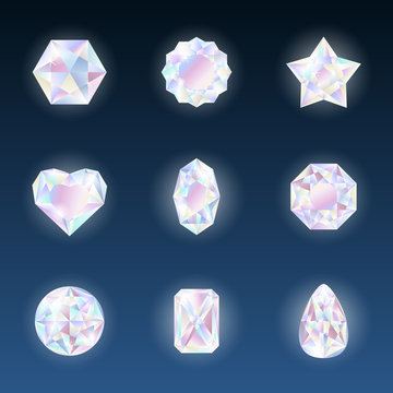Set of colorful vector jewels gemstones and crystals with glowing on dark background.