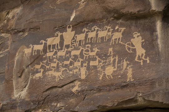 The Great Hunt Panel, Fremont style petroglyphs from AD 700 to AD 1200, Cottonwood Canyon near the junction of Nine Mile Canyon, Utah