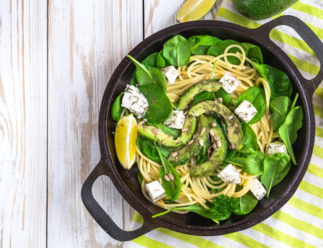  Fettuccine Pasta With Sliced Avocado, Feta Cheese, Spinach