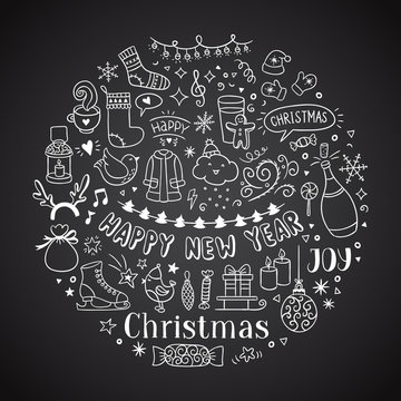 Hand drawn Christmas and New Year icons and doodles. Seasons greetings sketch illustrations