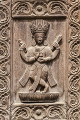 Plakat Detail wooden carved door in hindu temple, Kathmandu, Nepal background. Close up