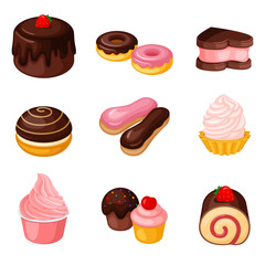 Set of cakes and desserts. Vector illustration