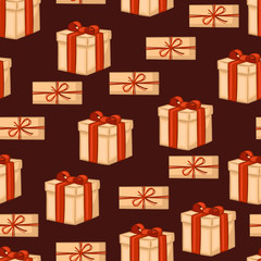 
Gift box on brown background seamless pattern. Vector illustration.