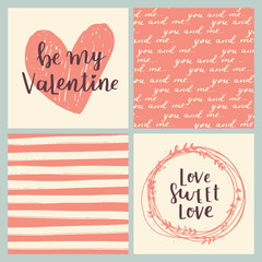 Naklejka premium Set of greeting cards for Valentine's Day. Vector collection with brush lettering and hand written elements. Peachy and white color labels for your design and invitation.