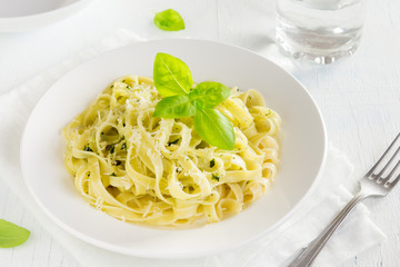 Tagliatelle pasta with pesto sauce