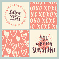 Set of greeting cards for Valentine's Day. Vector collection with brush lettering and hand written elements. Peachy and white color labels for your design and invitation.