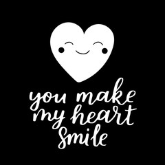 Valentines Day vector greeting card. Black and white colors for coloring book. Template for your design. Romantic cute illustration with hand written lettering.