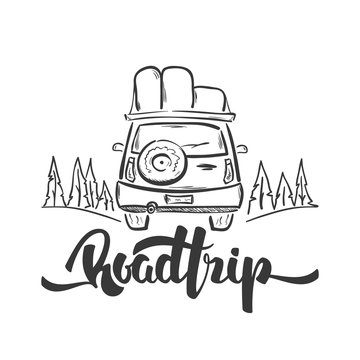 Draw A Road Trip Map Vector Illustration: Hand Drawn Travel Car And Handwritten Lettering Of Road  Trip. Sketch Line Design. Stock Vector | Adobe Stock