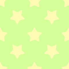 Simple seamless background of bright yellow five-pointed stars on a light green background. Drawing for the design surface.