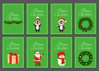 Merry Christmas greeting card set. Santa, angel, penguins, wreaths. Vector illustration.