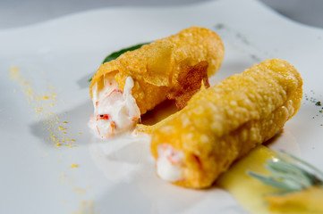 Fried cannelloni paste stuffed with ricotta cheese and lobster