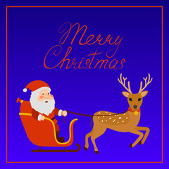 The reindeer carries Santa Claus in sleigh on blue night background. Merry Christmas greeting card.