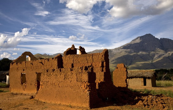 Laterite brick buildings in the village of Sovakimby, Andringitra National Park, Madagascar