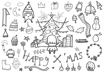 vector set of Christmas drawn doodles in black line on white background
