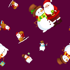 Merry Christmas and Happy New Year Friends Santa Claus in hat snowman in scarf celebrate xmas, snowfall from snowflakes vector illustration