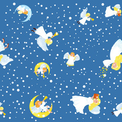 christmas holiday flying angel in the sky with wings and golden trumpet like symbol Christian religion or new year holiday little cute girl on the moon with jingle bells and stars vector illustration.