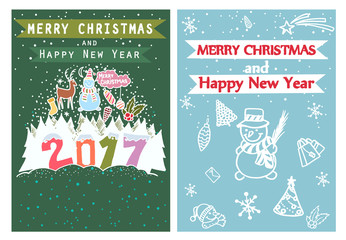 Happy New Year, Merry Christmas, Family holidays greeting card templates. Artistic collection with hand drawn ethnic textures, line icons