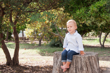 Boy 1 years old sitting on a tree stump on a sunny summer day. K