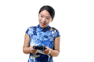 Young woman steering with game controller