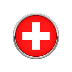 Round silver badge with Swiss flag