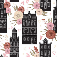 Naklejka premium Amsterdam. Vintage seamless pattern with traditional architecture of Netherlands and floral elements on white background. Retro hand drawn vector illustration in watercolor style.