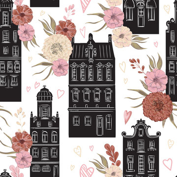 Amsterdam. Vintage seamless pattern with traditional architecture of Netherlands and floral elements on white background. Retro hand drawn vector illustration in watercolor style.