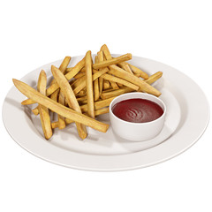 French fries with ketchup on white 3d illustration,