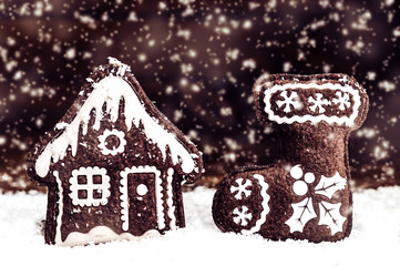 brown christmas decorative handmade toys in snow