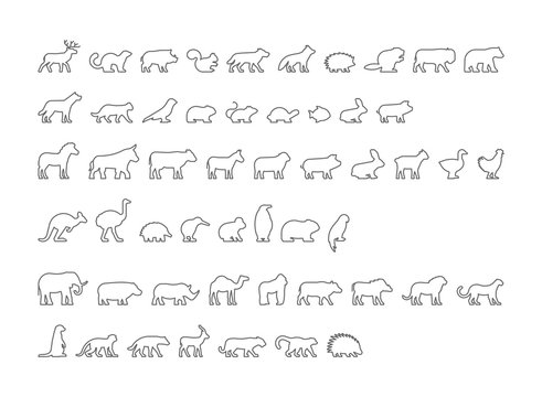 Vector black set of outline silhouettes pets and farm animals.