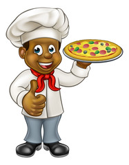 Black Pizza Chef Cartoon Character