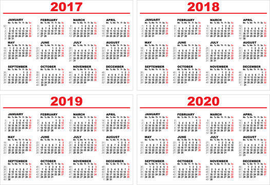 Set grid wall calendar for 2017, 2018, 2019, 2020