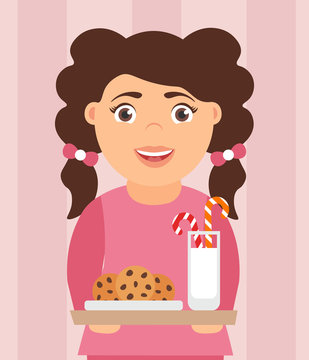 Christmas card illustration. Beautiful cute cartoon girl holding a milk and cookies snack for Santa Claus. Vector.
