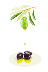 Black and Green Olives with Olive Oil Isolated on White Backgrou
