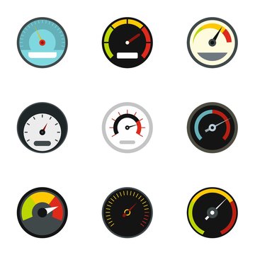 Speedometer icons set. Flat illustration of 9 speedometer vector icons for web