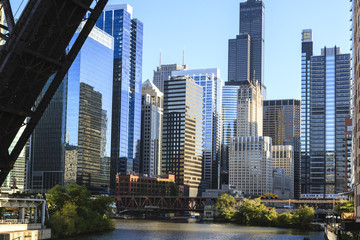 Chicago River and towers including the Willis Tower, formerly Sears Tower, with a disused raised rail bridge in the foreground, Chicago, Illinois 