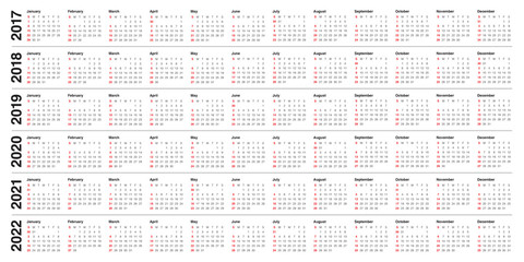 Simple Calendar template for 2017 to 2022