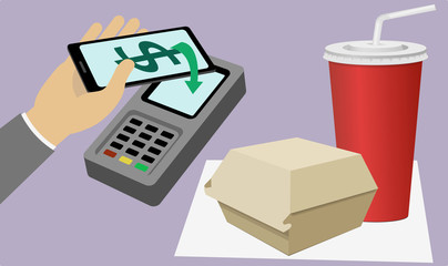 NFC mobile phone. Hamburger glass with soda. Vector