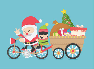 Christmas Santa Claus,  driving a bike ,have Elves go together
