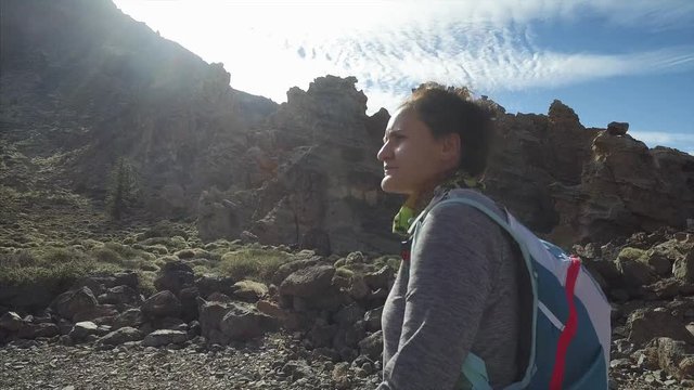 Hiking in Teide National Park. Footage of dramatic volcanic landscape of Teide volcano, Tenerife, Canary Islands, Spain.