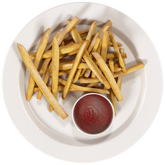 French fries and ketchup on a white plate 3d illustration,