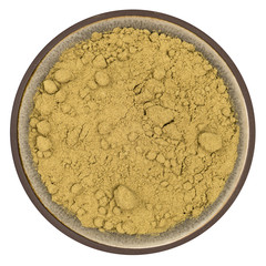 Organic hemp protein powder in ceramic bowl isolated on white background, top view