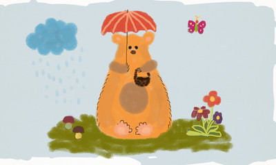 Funny bear sitting on the grass under umbrella