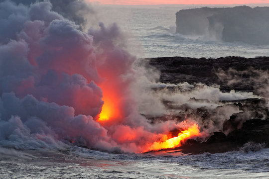 Lava Flowing Into Ocean - Kilauea Volcano, Hawaii