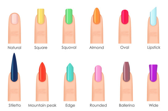 Nails shape icons set. Types of fashion bright colour nail shapes  collection. Fashion nails type trends. Beauty spa salon colorful woman  fingernails set. Stock Vector | Adobe Stock