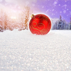 Winter landscape with christmas ball
