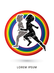 Fototapeta premium Children, Little Boy and girl running designed using grunge brush on rainbows background graphic vector.